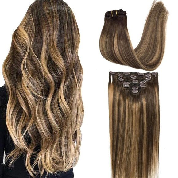Clip in Hair Extensions Human Hair 16in 120g 7pcs Balayage Brown to Blonde